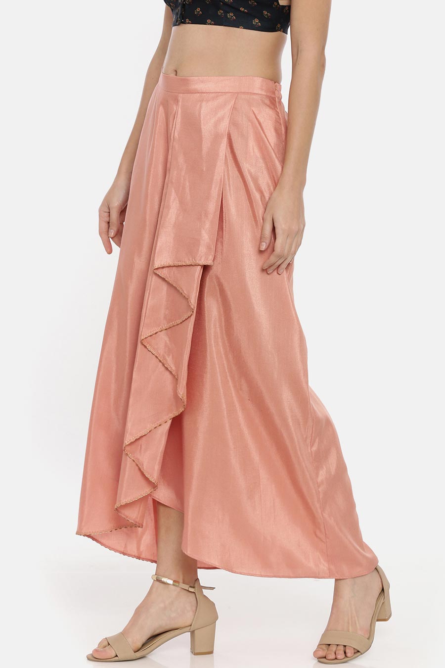 Peach Silk Linen Pleated Drape Skirt