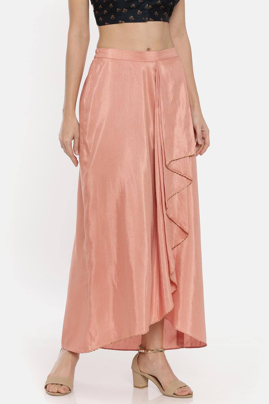 Peach Silk Linen Pleated Drape Skirt