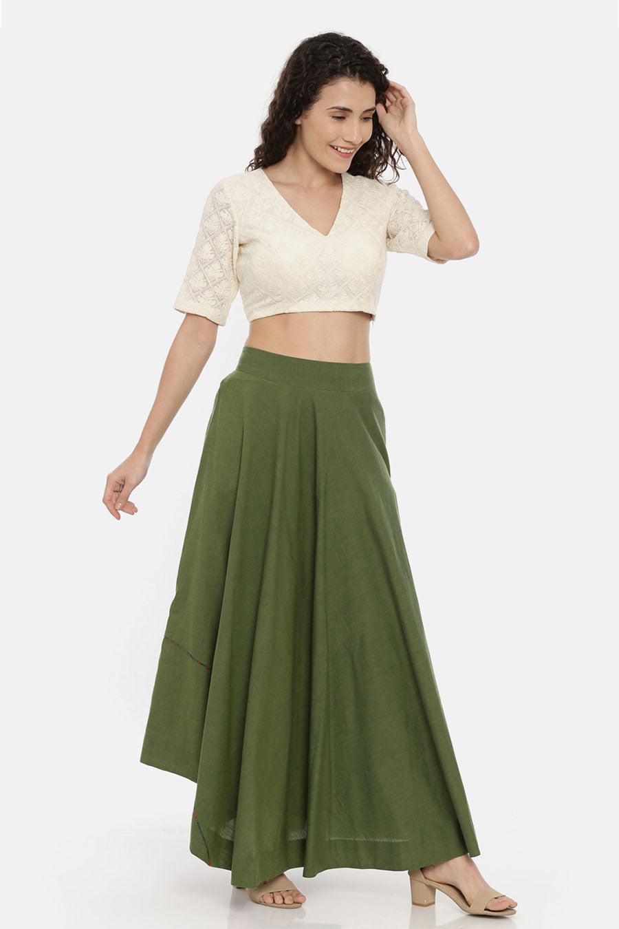 Green Cotton Asymmetrical Skirt