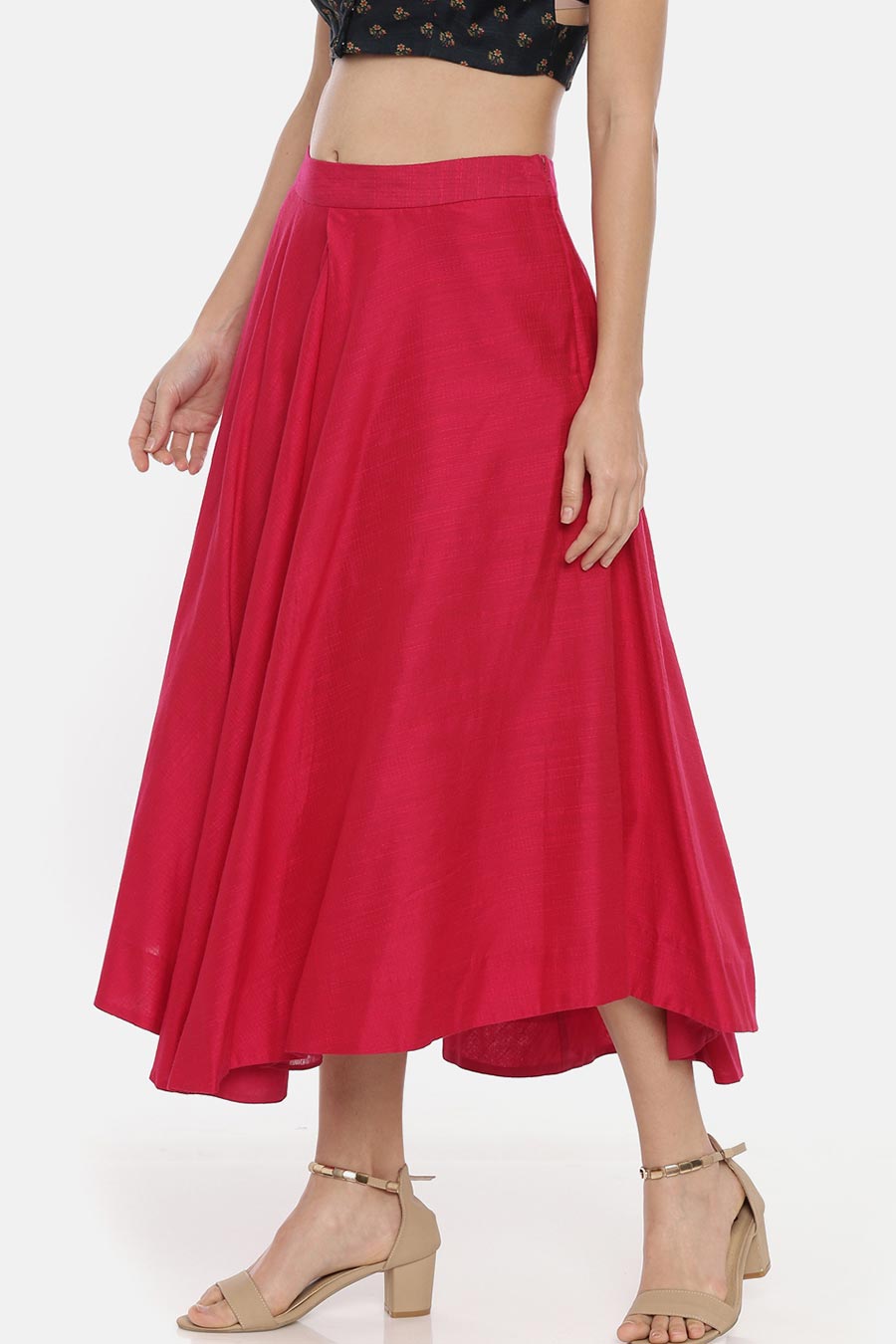 Pink Silk Cotton Pleated Skirt