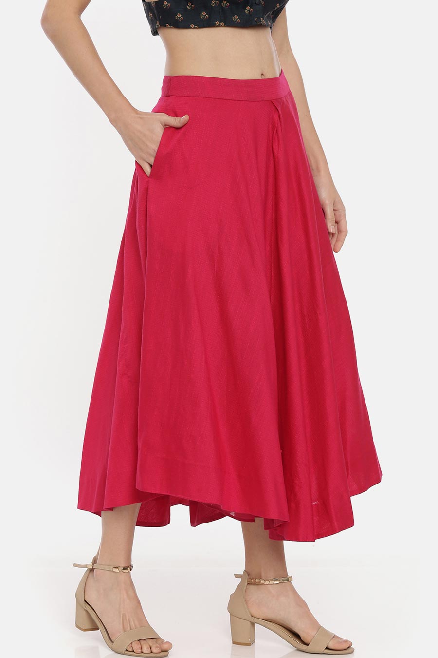 Pink Silk Cotton Pleated Skirt