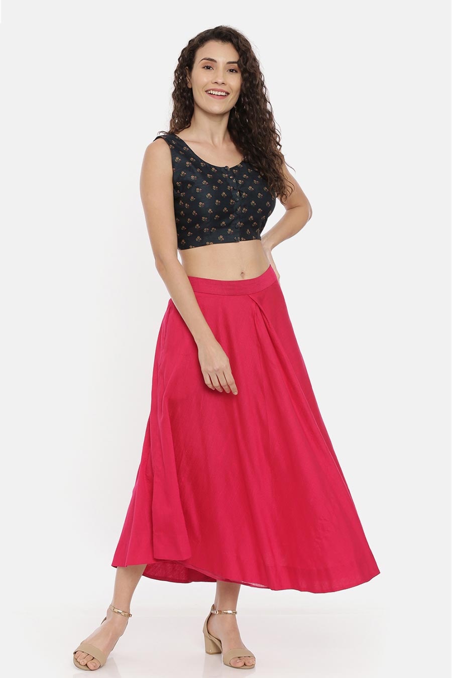 Pink Silk Cotton Pleated Skirt