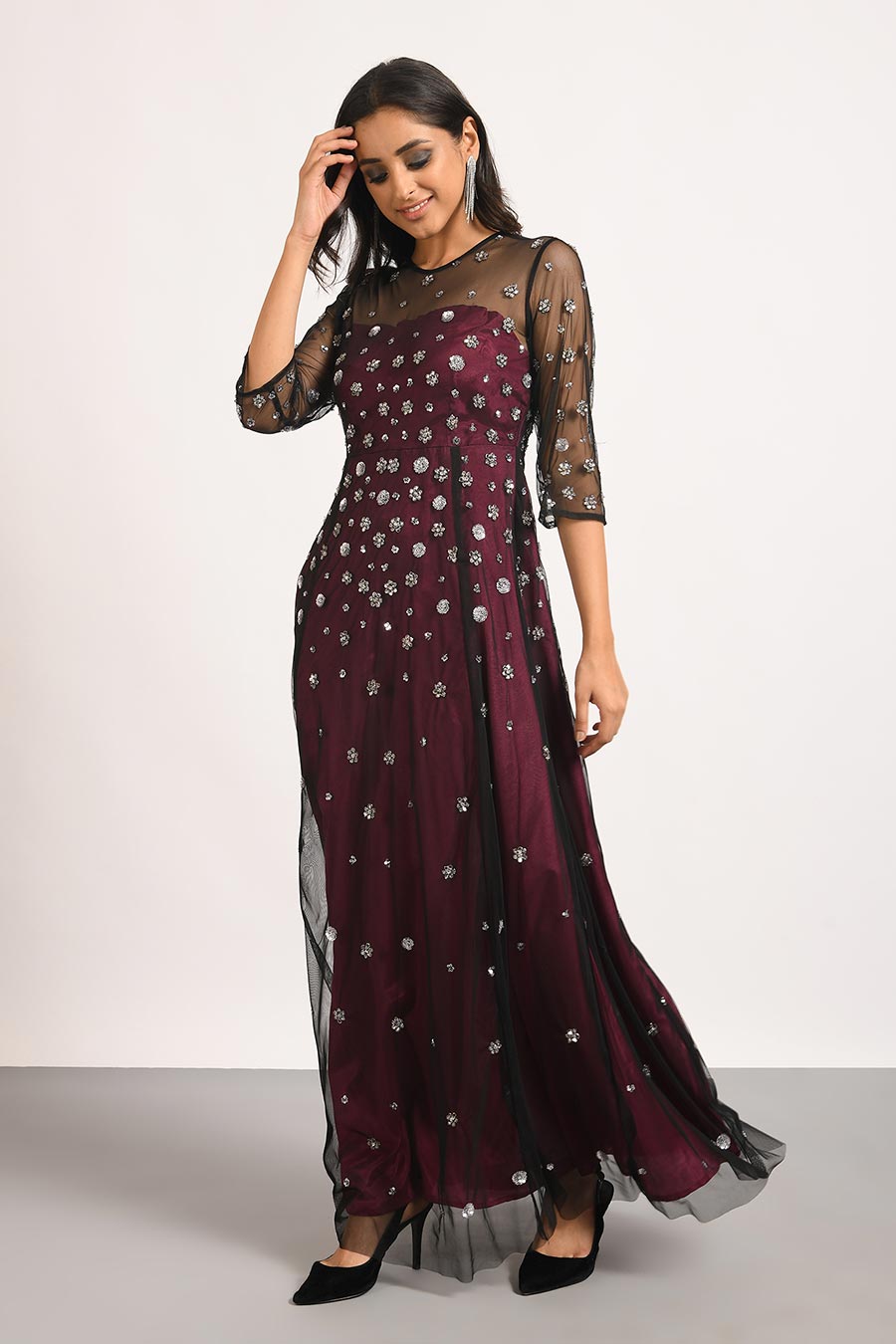 Wine Bead Embellished Gown Dress