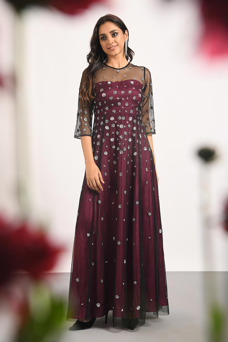 Wine Bead Embellished Gown Dress