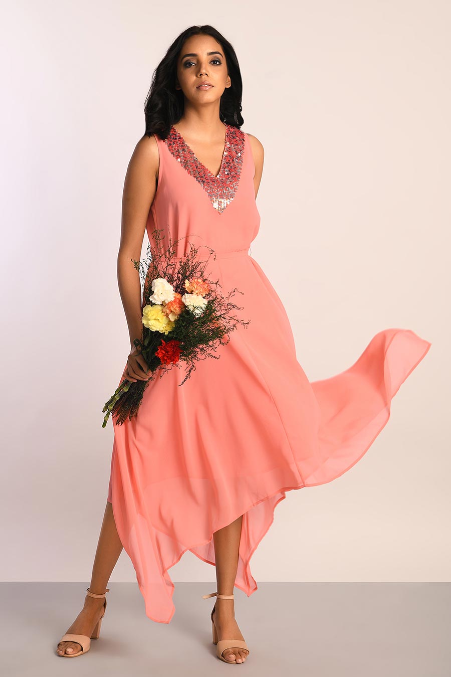 Pink Sequin Embellished Asymmetric Dress