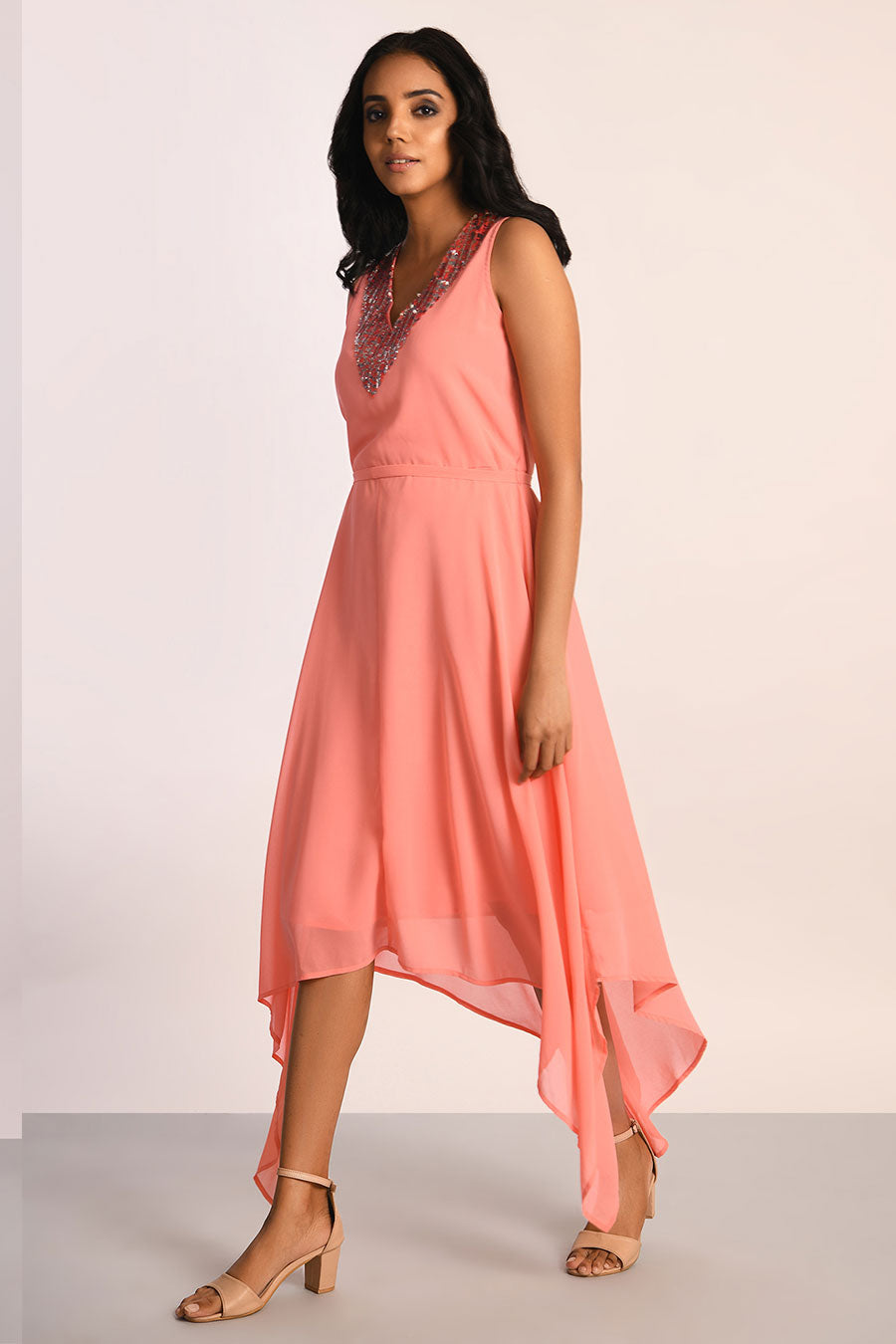 Pink Sequin Embellished Asymmetric Dress
