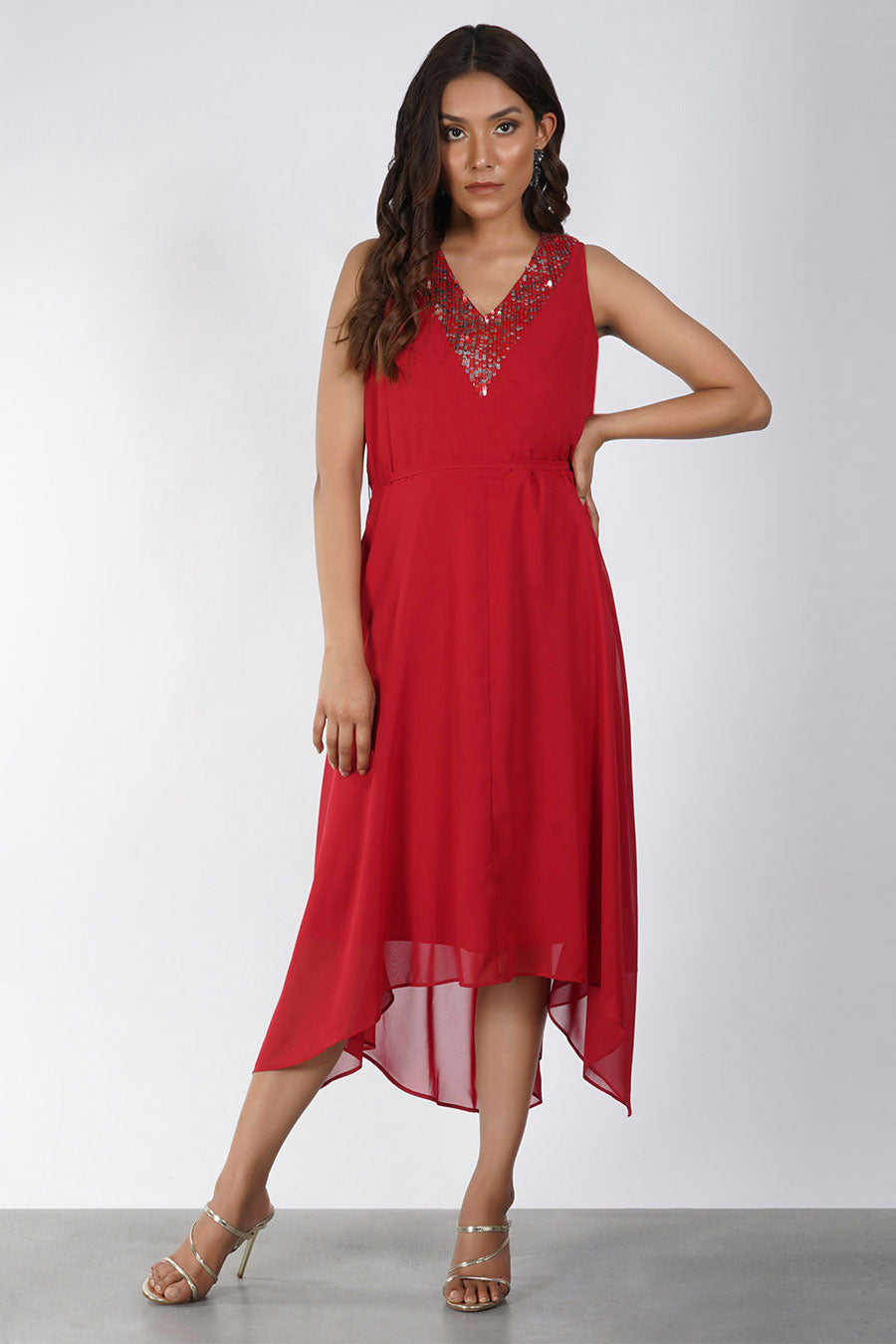 Red Sequin Embellished Asymmetric Dress