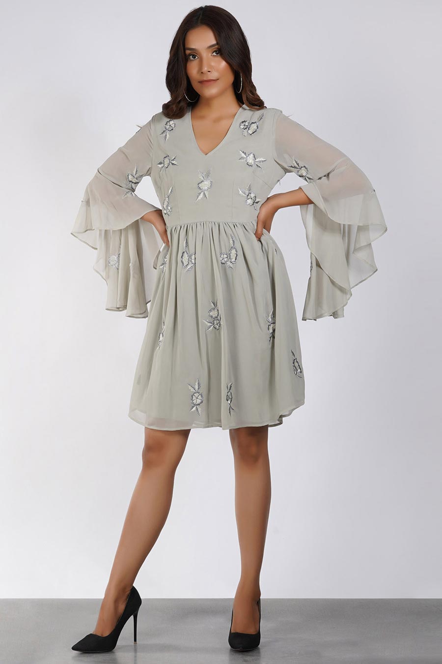 Rose Embroidered Grey Short Dress