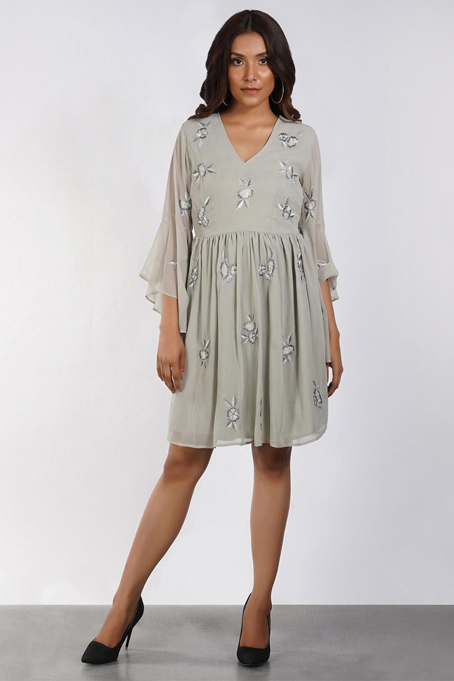 Rose Embroidered Grey Short Dress