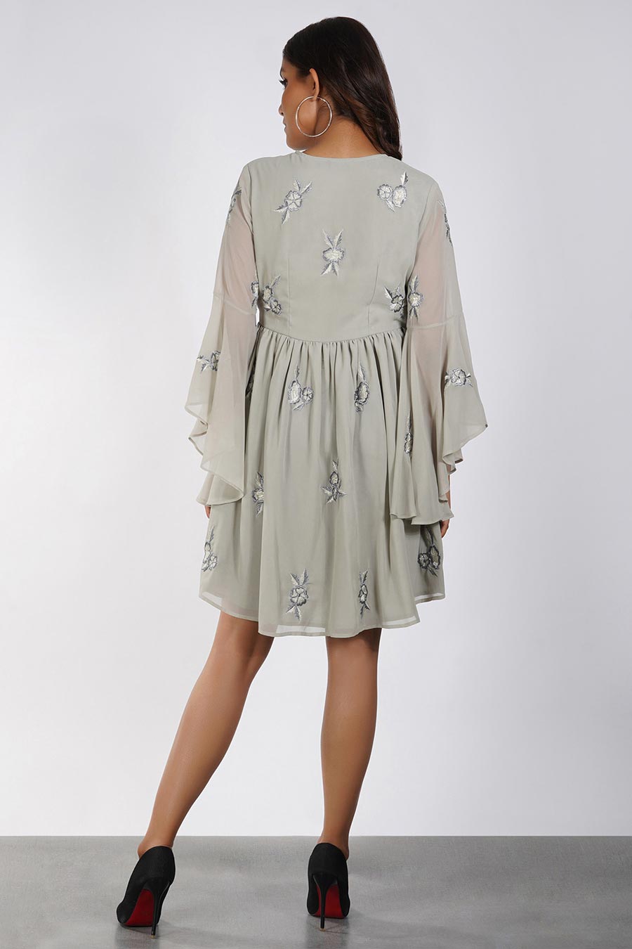 Rose Embroidered Grey Short Dress