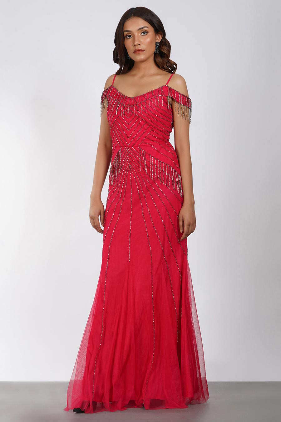 Red Beaded Off-Shoulder Gown