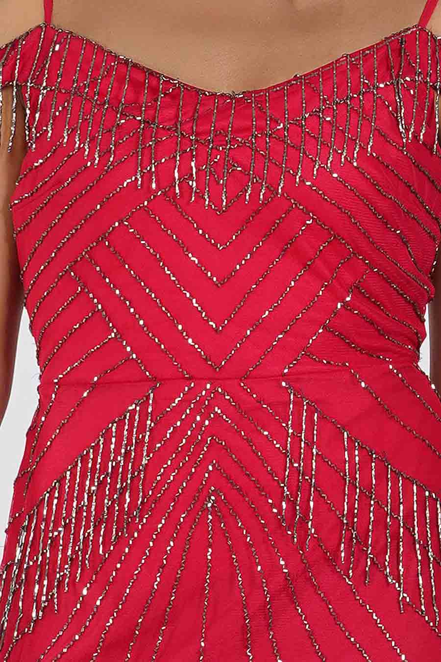 Red Beaded Off-Shoulder Gown