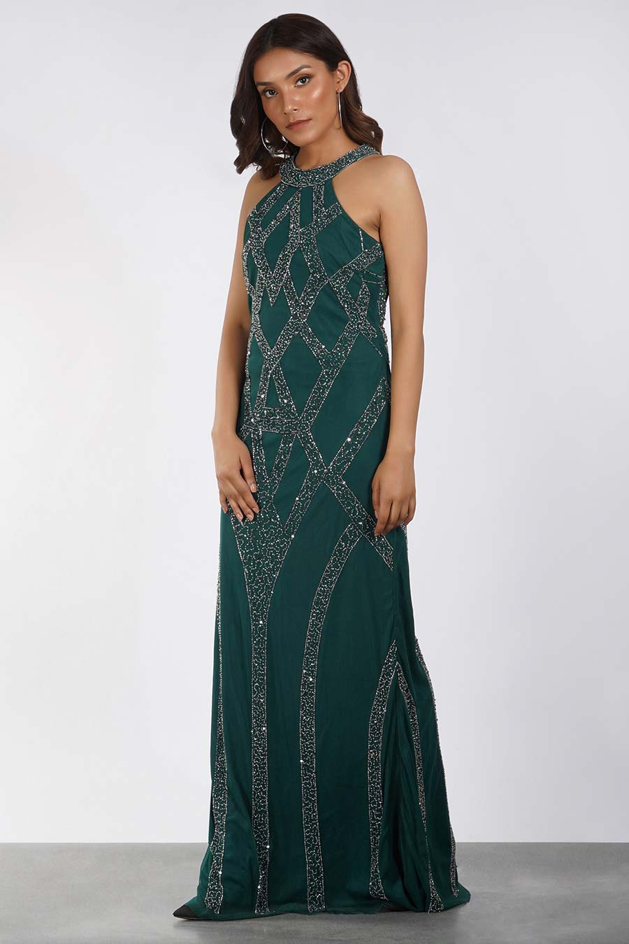 Green Embellished Halter Neck Gown