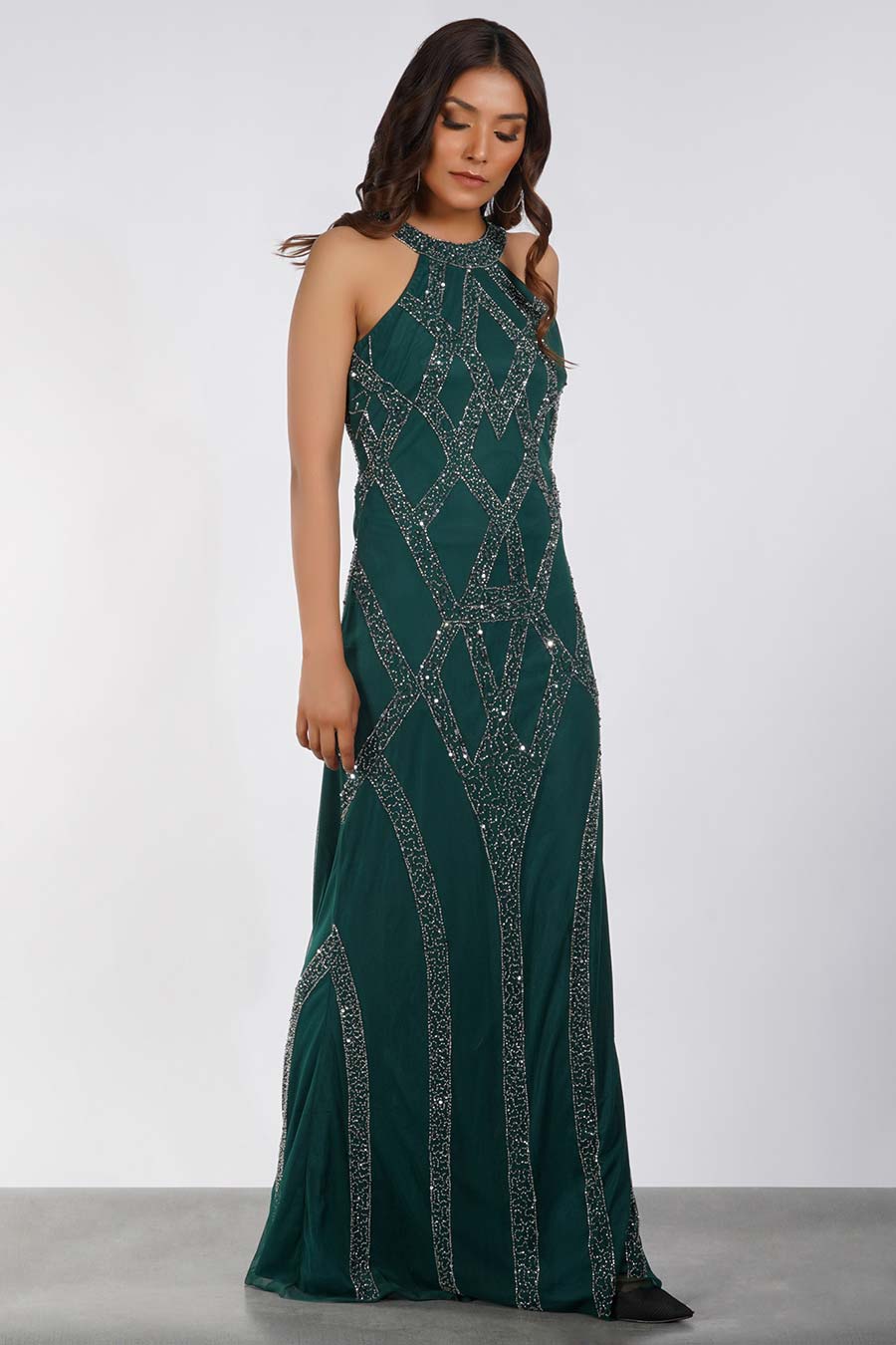 Green Embellished Halter Neck Gown