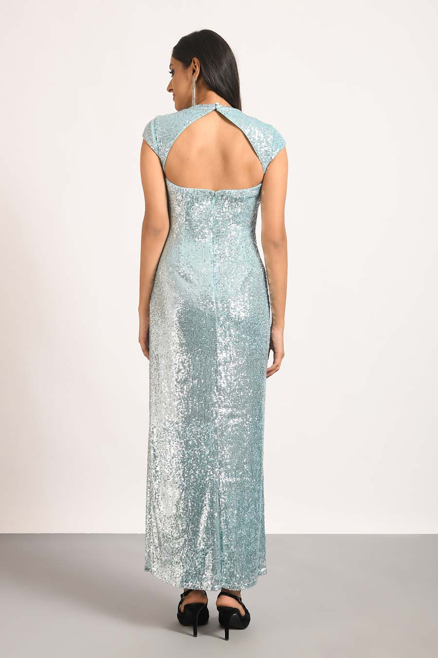 Blue Sequined Slit Gown Dress