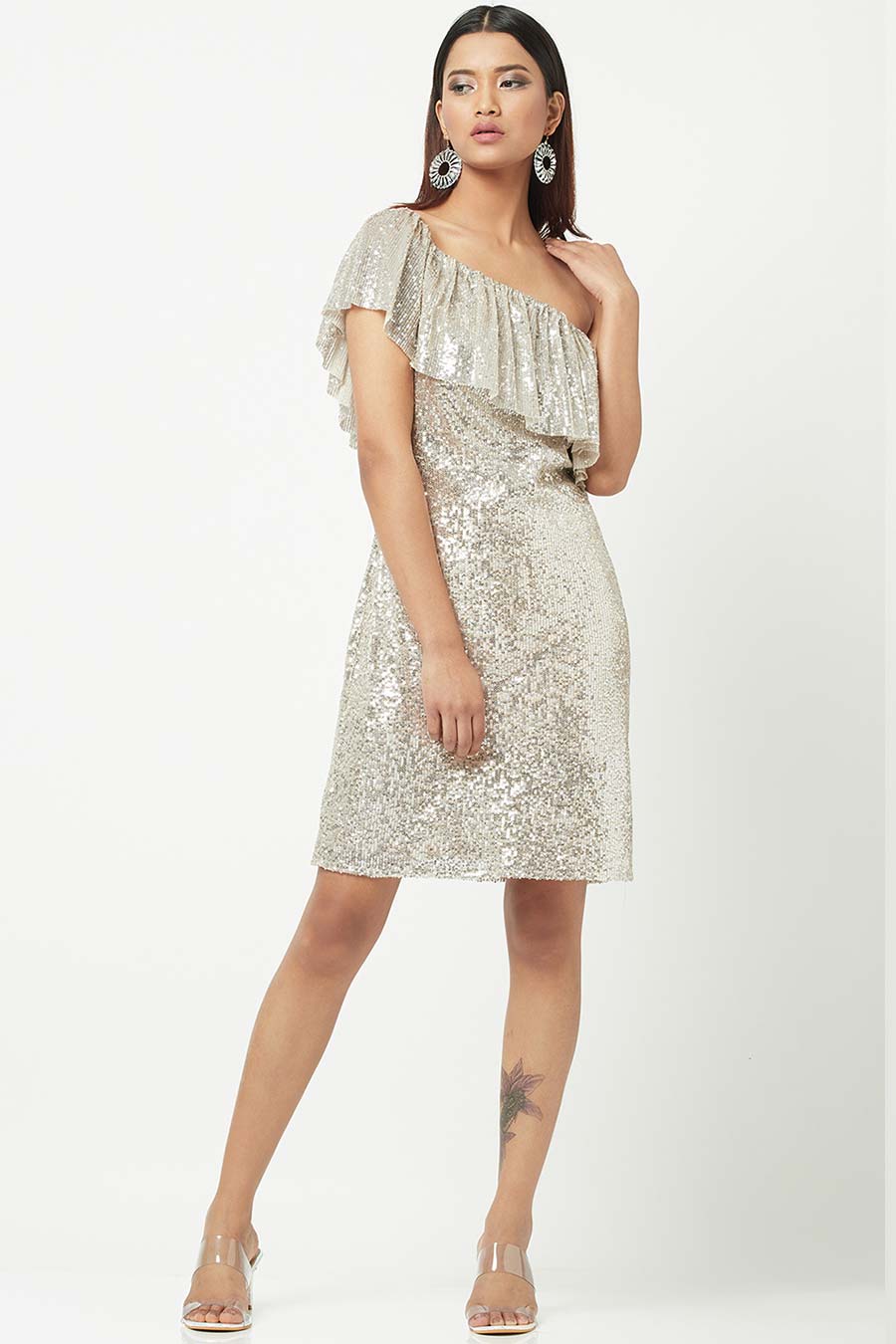 Beige Sequined One-Shoulder Mini Dress