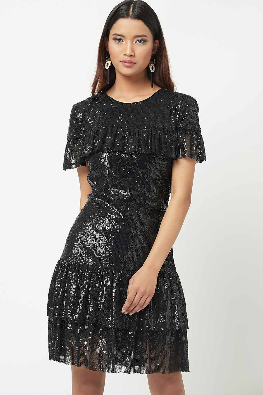 Black Shimmer Ruffle Dress