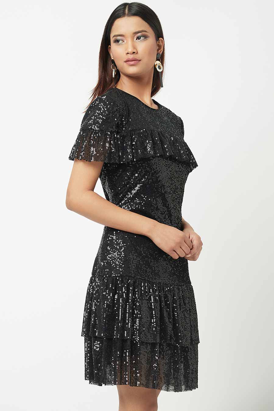 Black Shimmer Ruffle Dress
