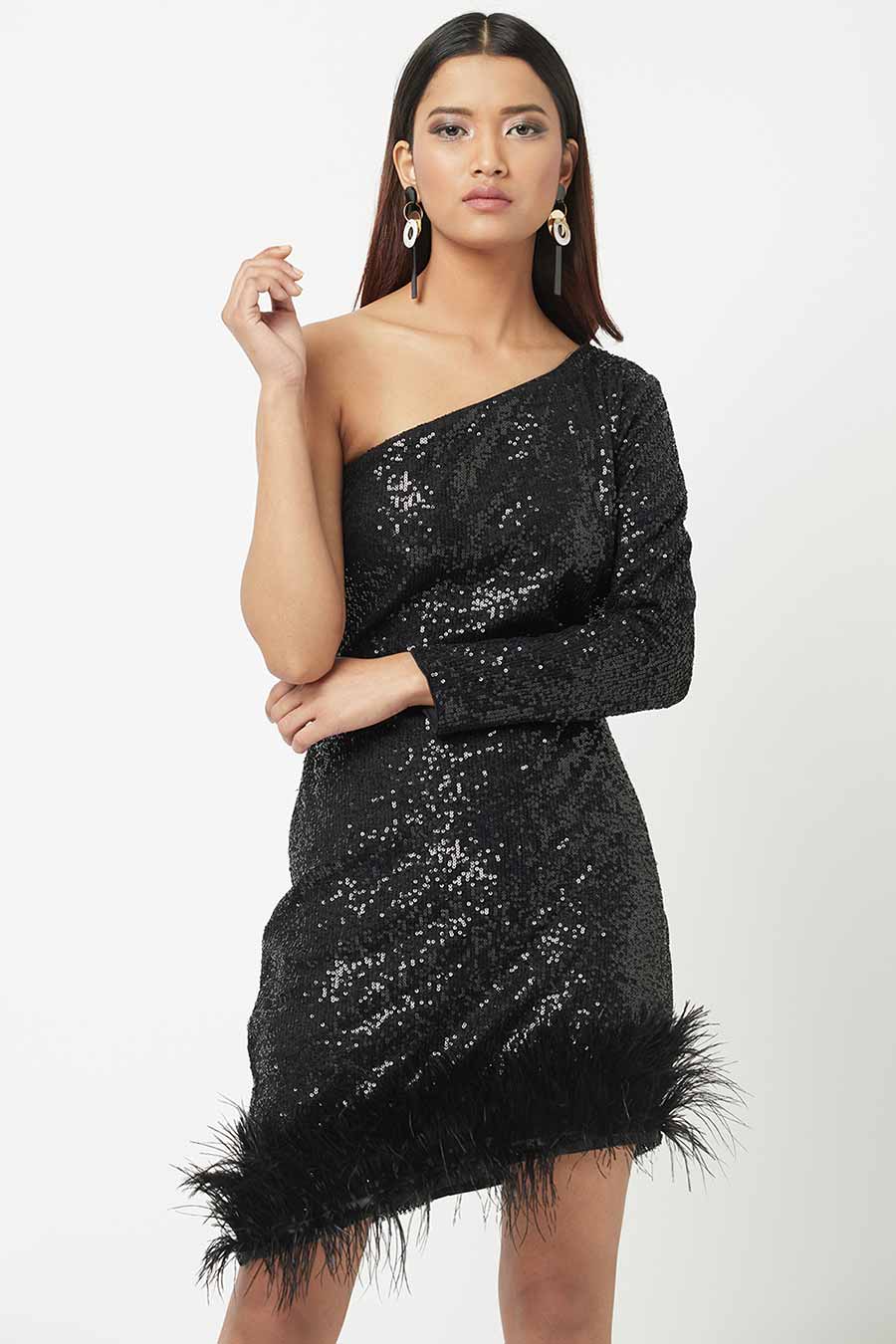 Black Glistening One-Shoulder Dress