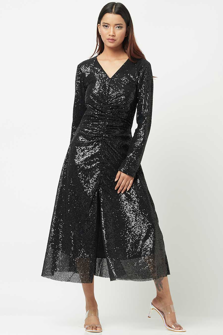 Black Sequined Shimmer Midi Dress