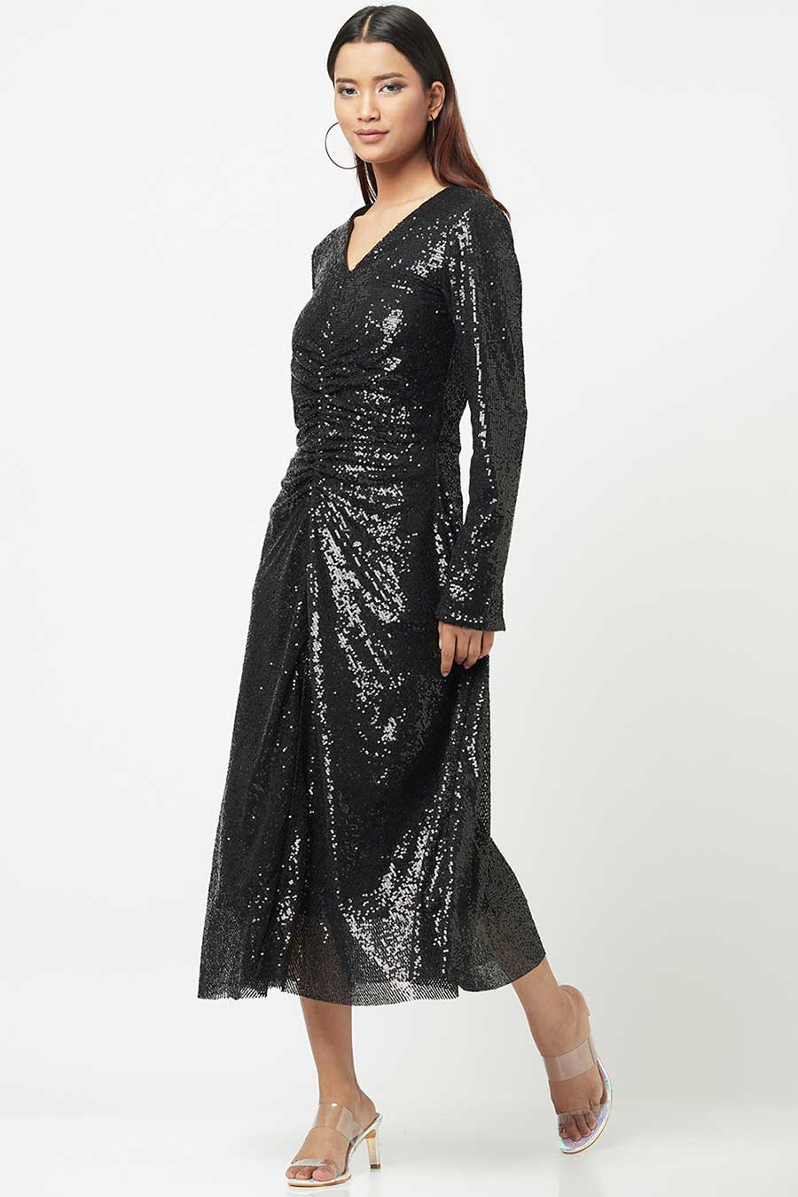 Black Sequined Shimmer Midi Dress