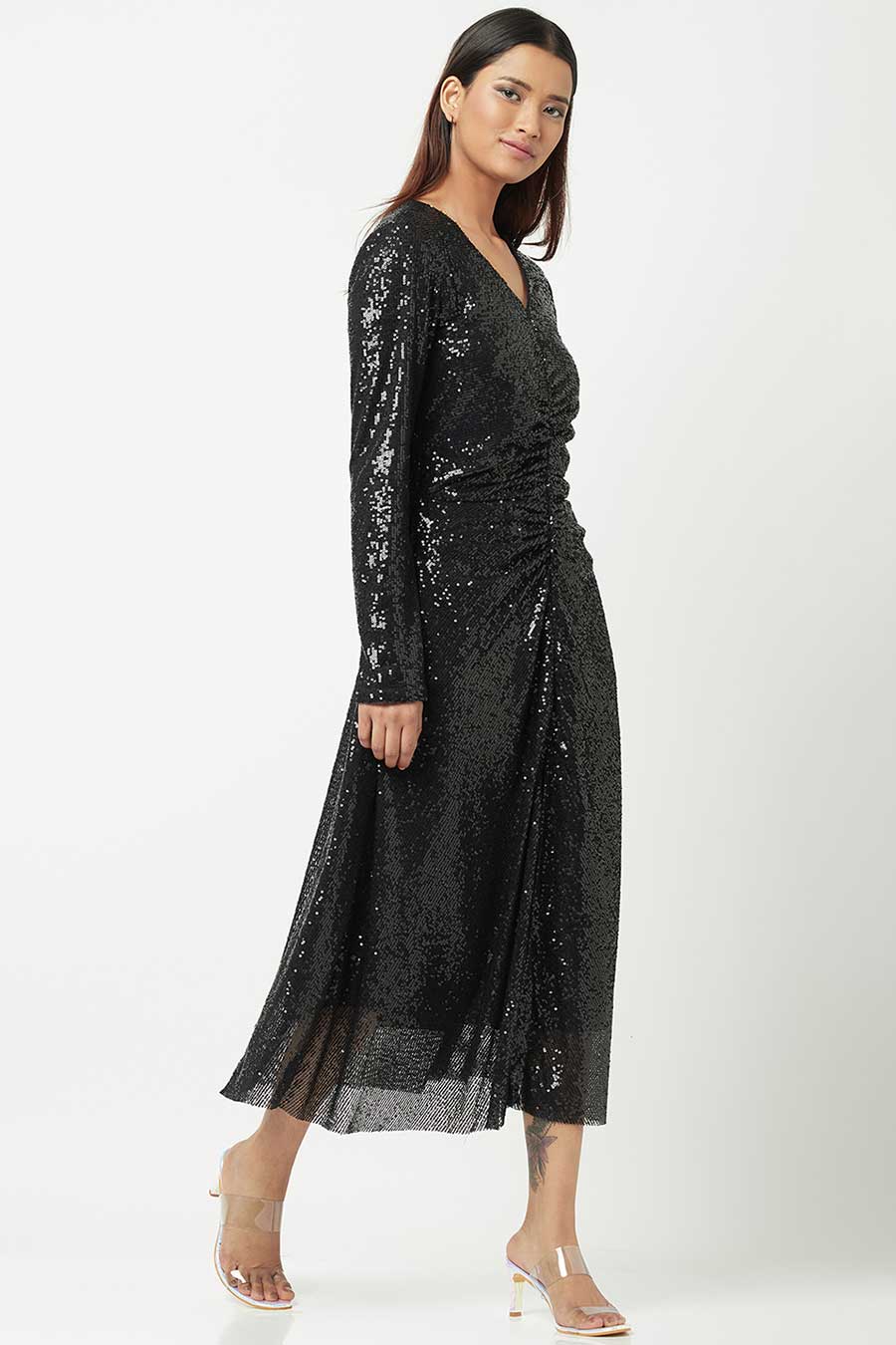Black Sequined Shimmer Midi Dress
