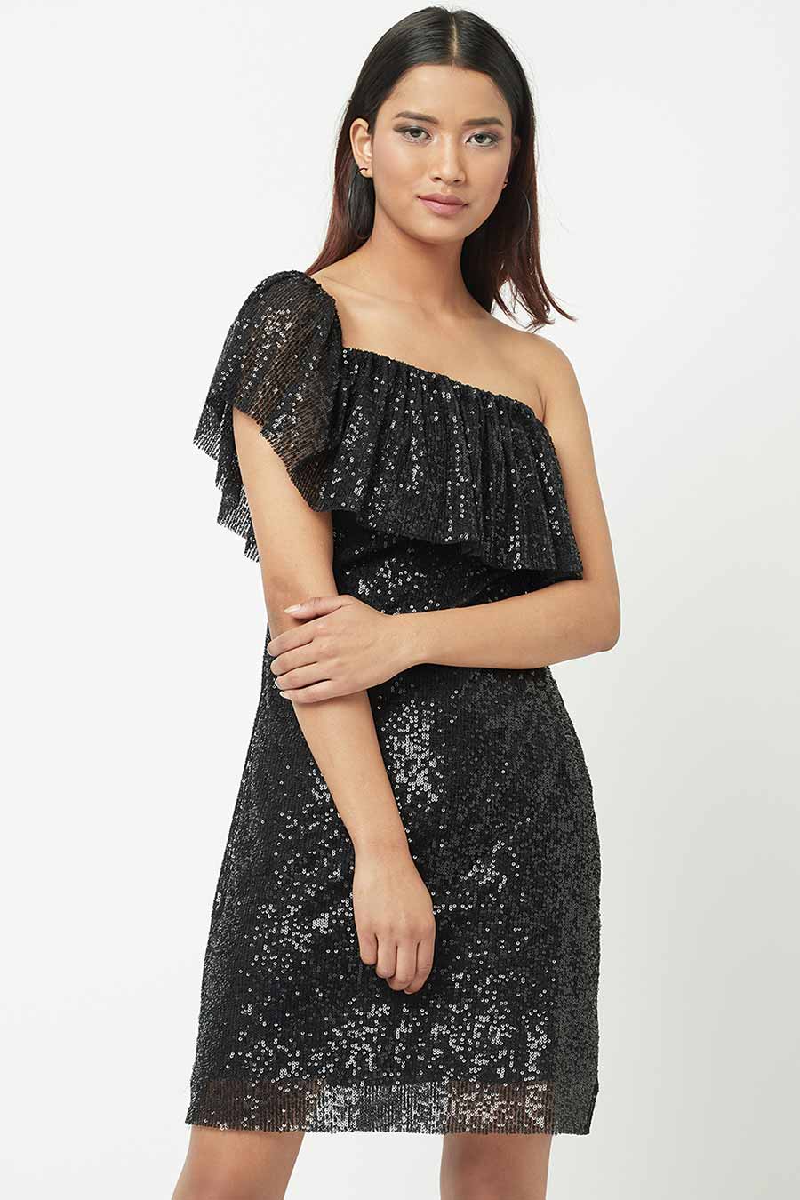 Black Sequined One-Shoulder Mini Dress