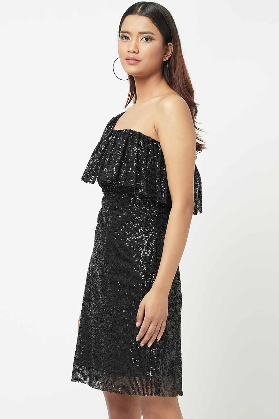 Black Sequined One-Shoulder Mini Dress