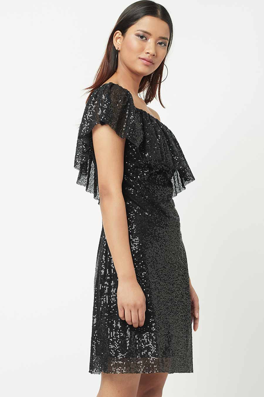 Black Sequined One-Shoulder Mini Dress