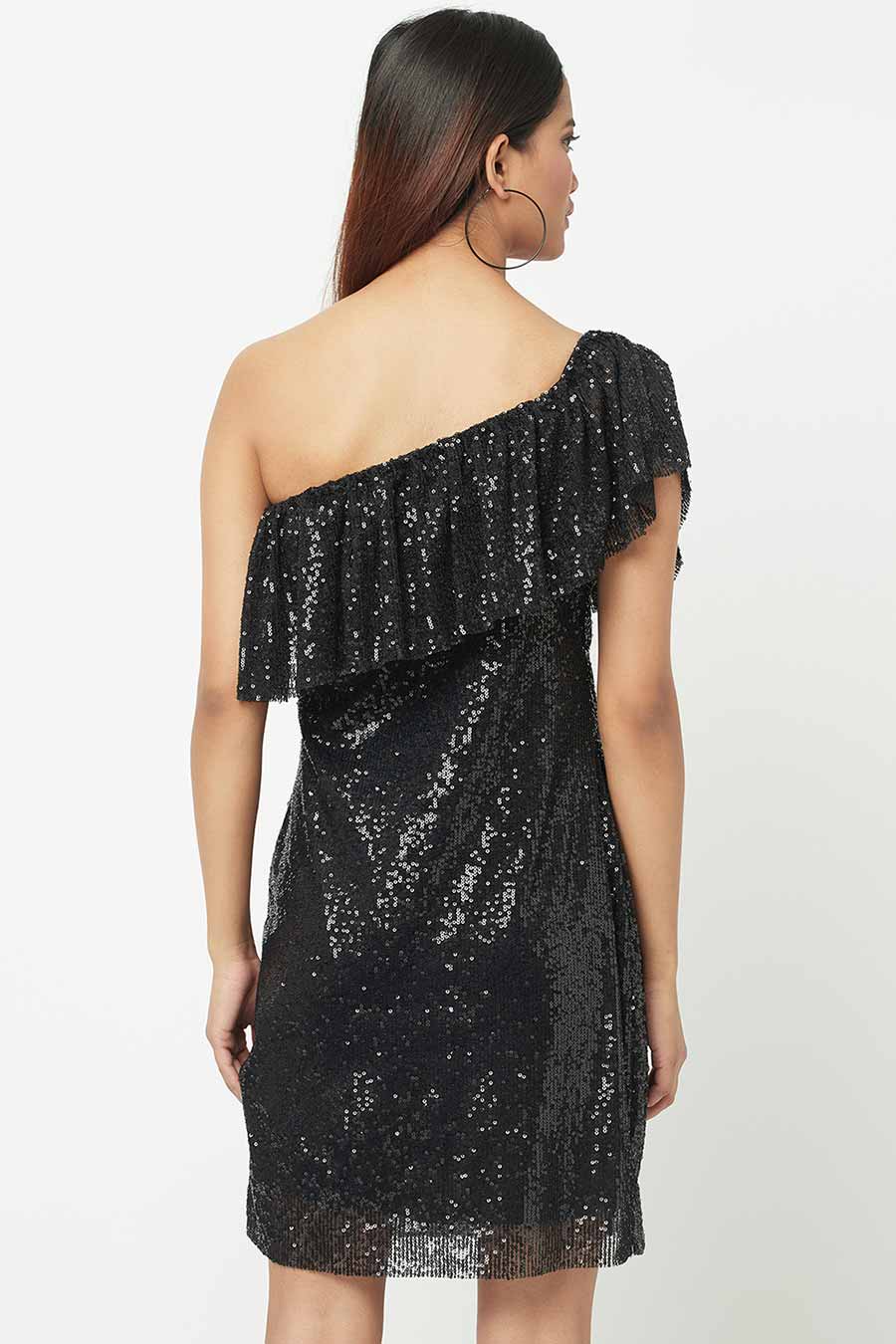Black Sequined One-Shoulder Mini Dress