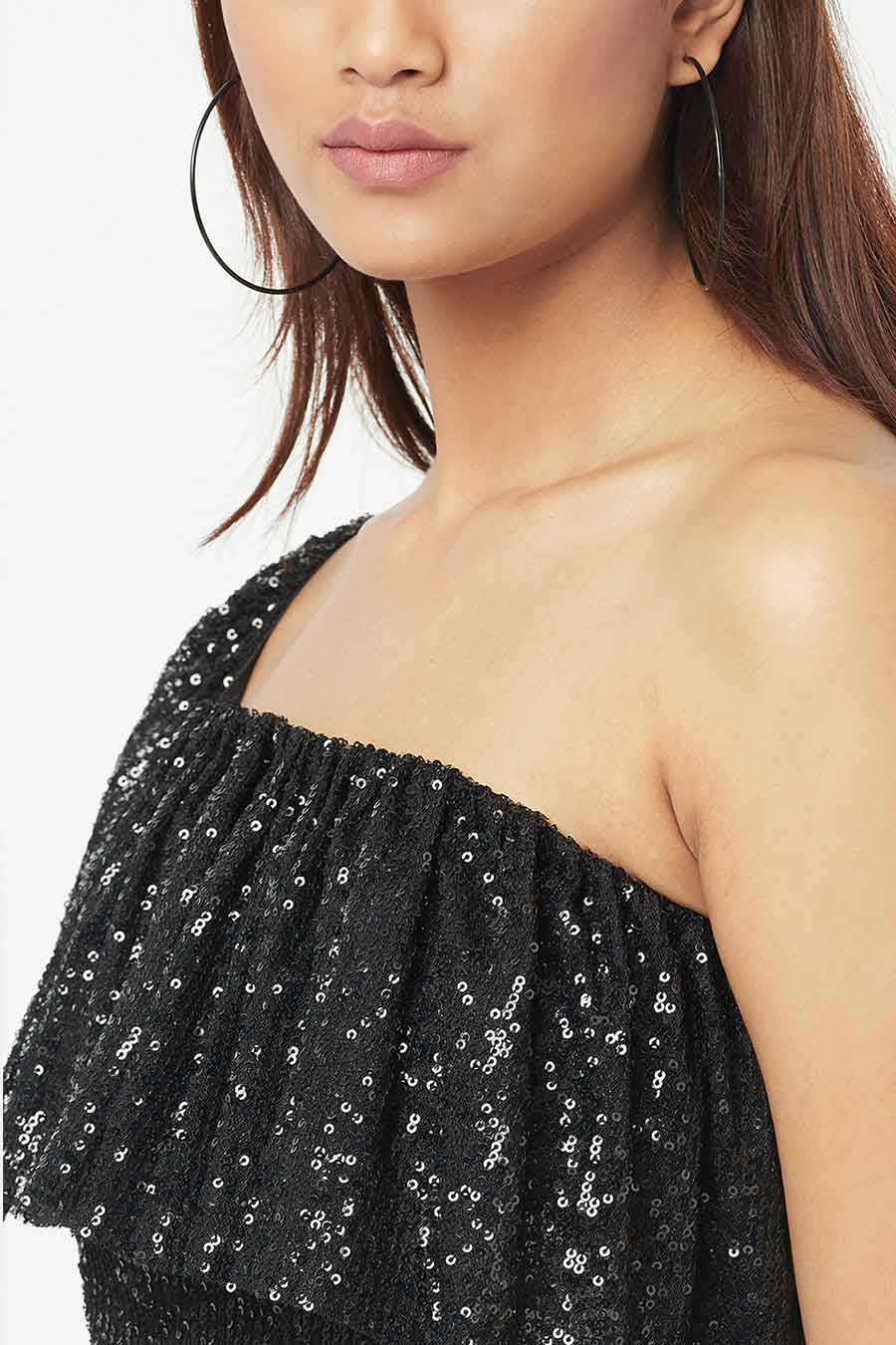 Black Sequined One-Shoulder Mini Dress