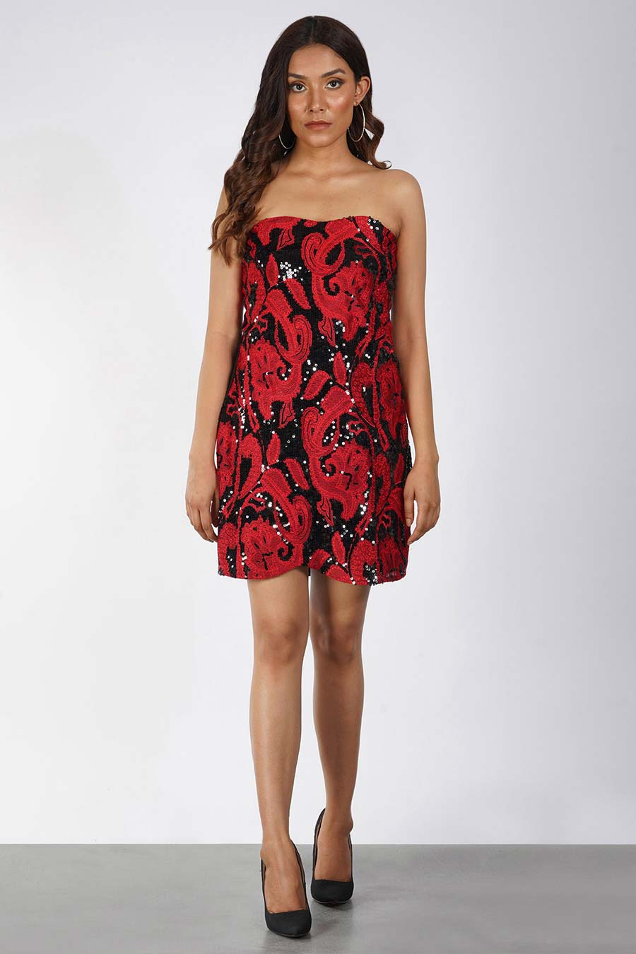 Black & Red Embroidered Short Dress