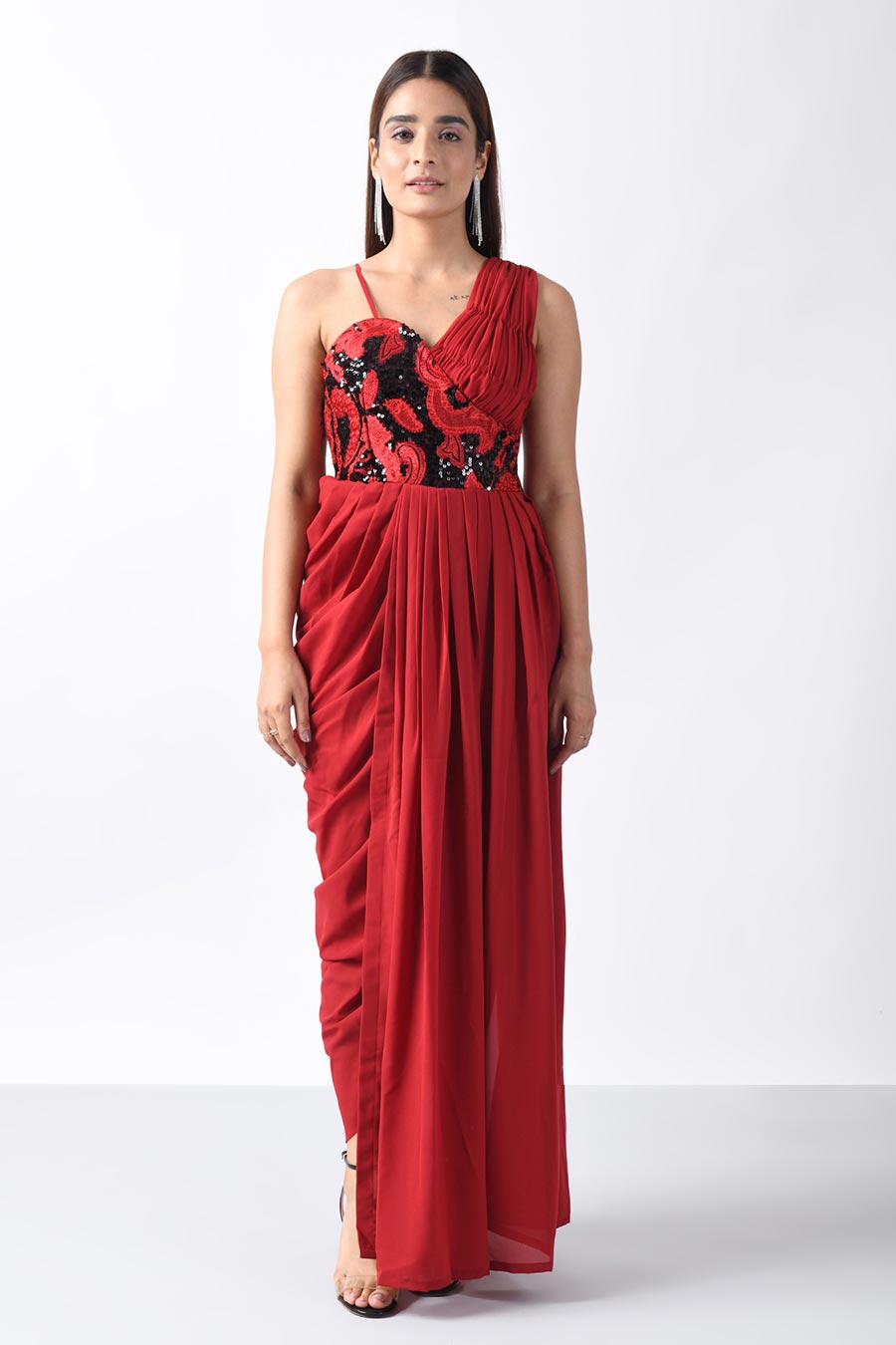 Paola Embroidered Red Drape Dress