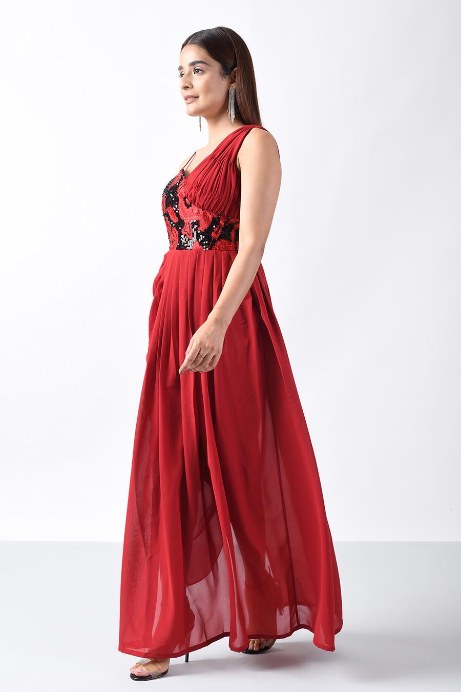 Paola Embroidered Red Drape Dress