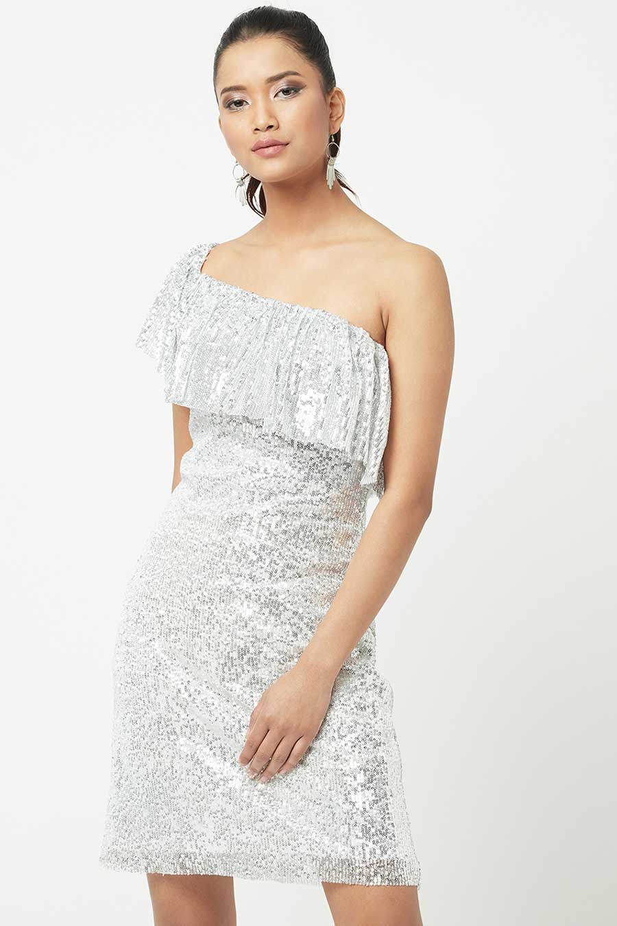 White Sequined One-Shoulder Mini Dress