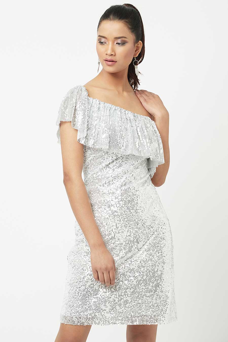 White Sequined One-Shoulder Mini Dress