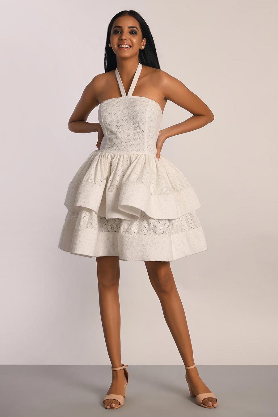 White Schiffli Layered Short Dress