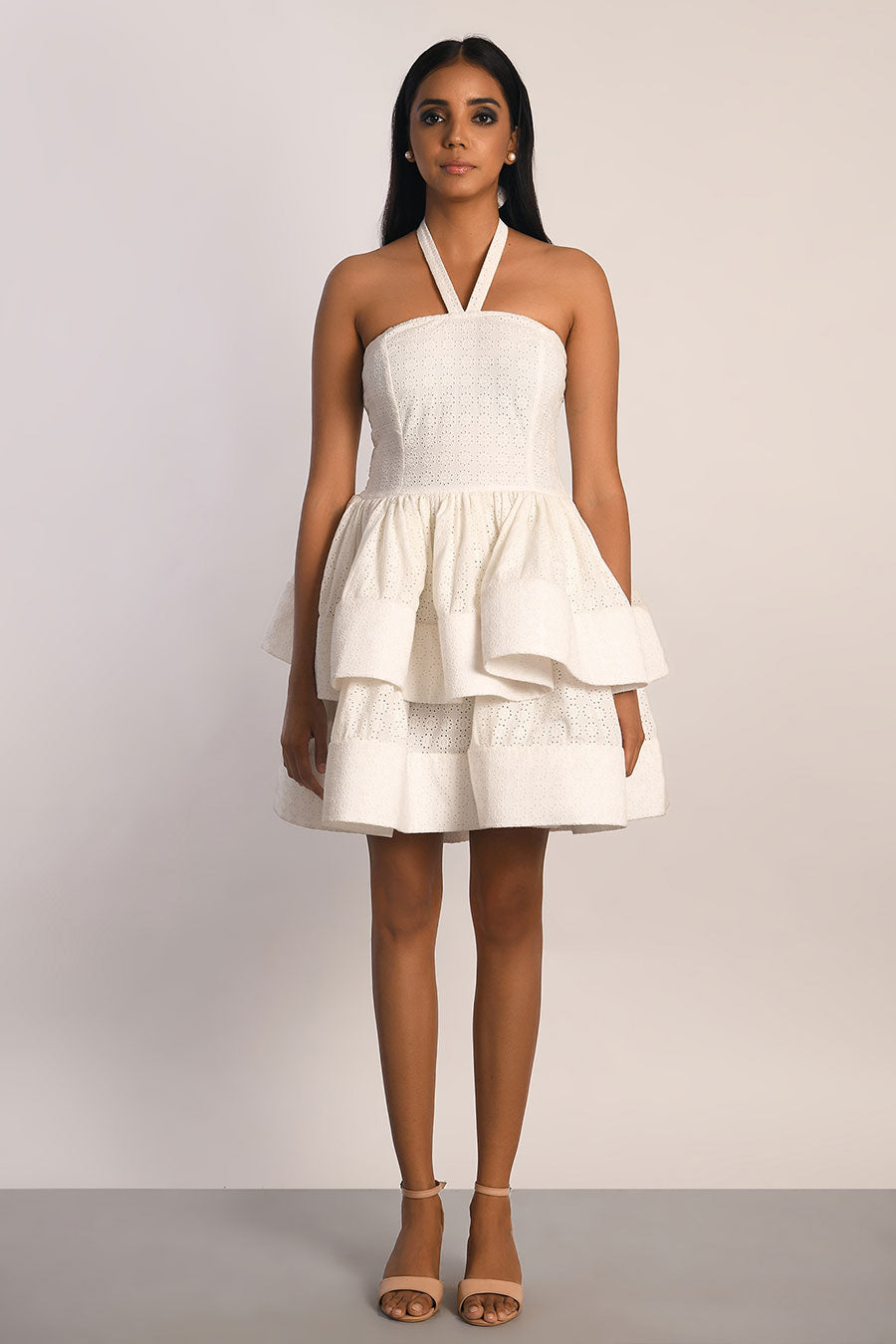 White Schiffli Layered Short Dress