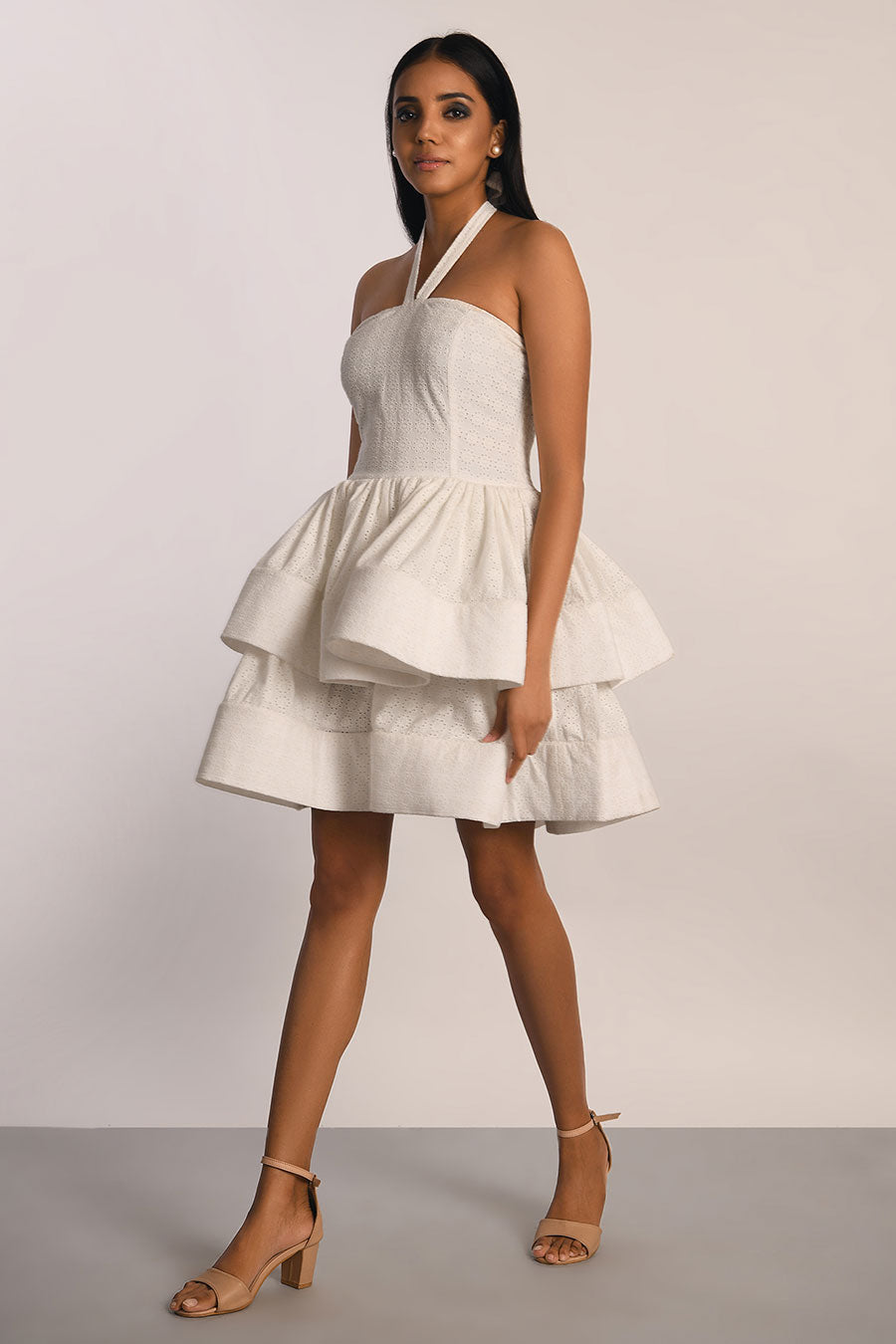 White Schiffli Layered Short Dress