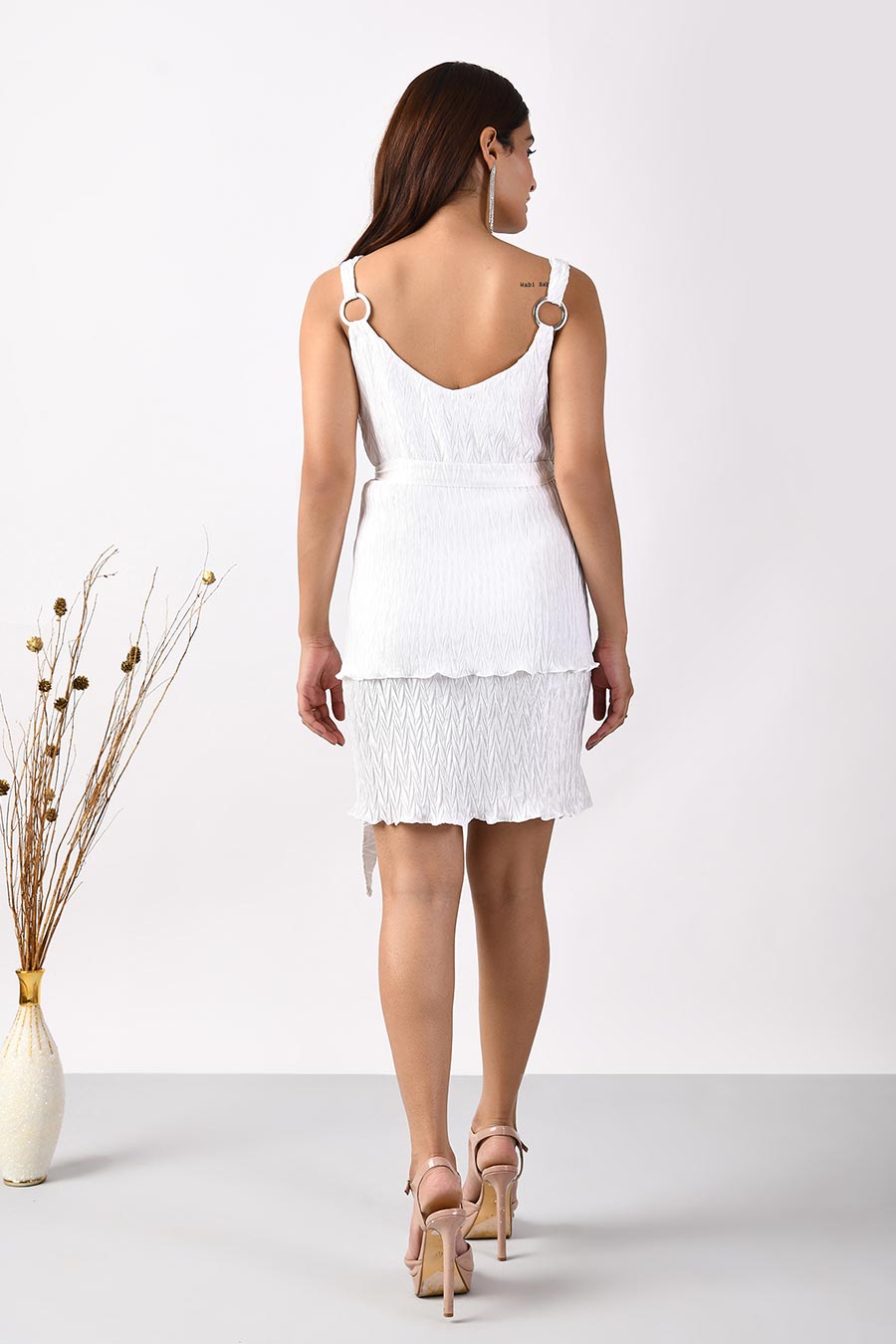 White Crushed Satin Wrap Dress