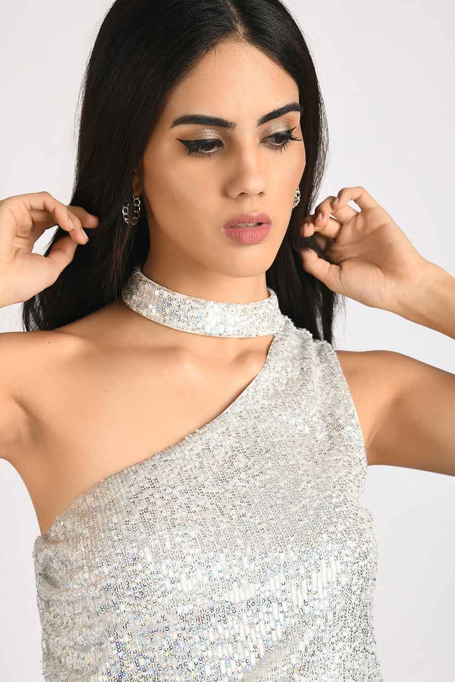 White Sequined One-Shoulder Dress