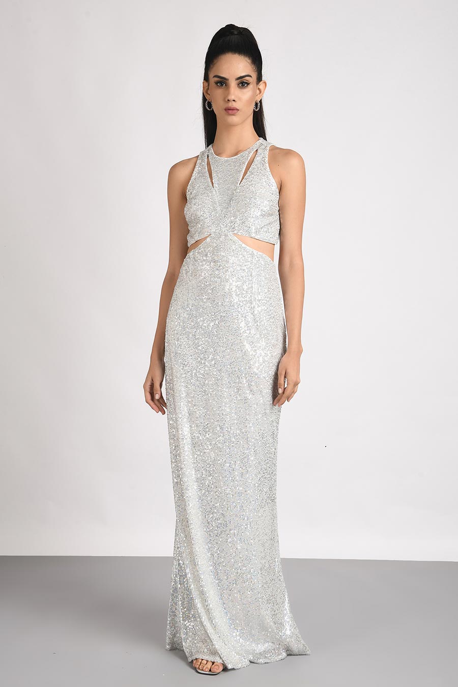 White Sequined Cut-Out Gown Dress