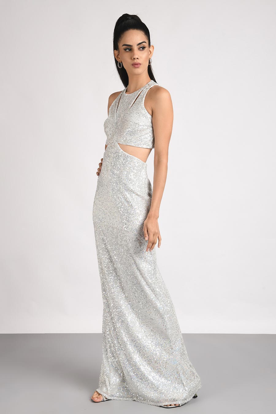 White Sequined Cut-Out Gown Dress