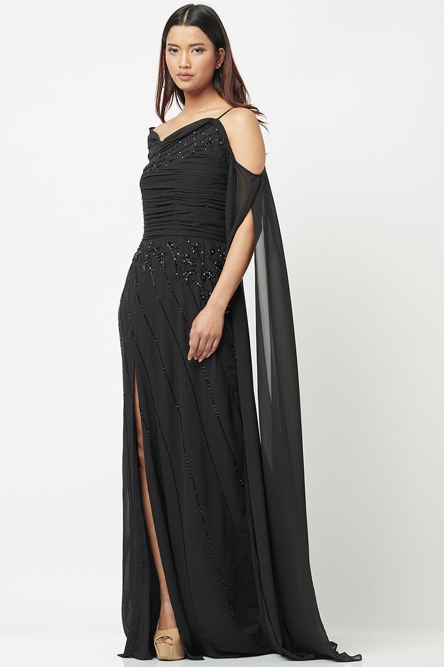 Black Embellished Slit Gown