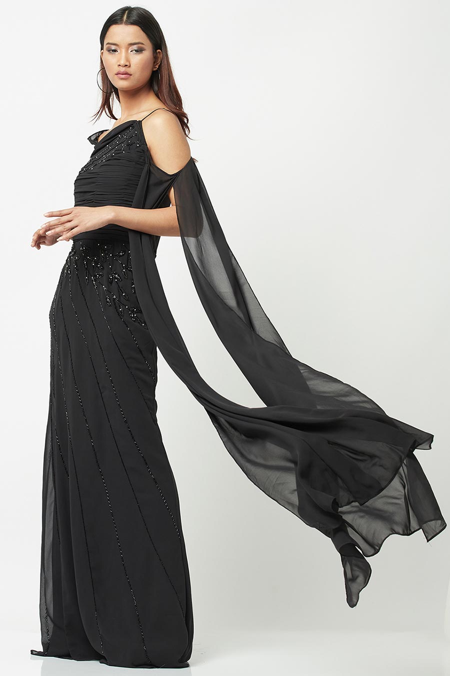 Black Embellished Slit Gown