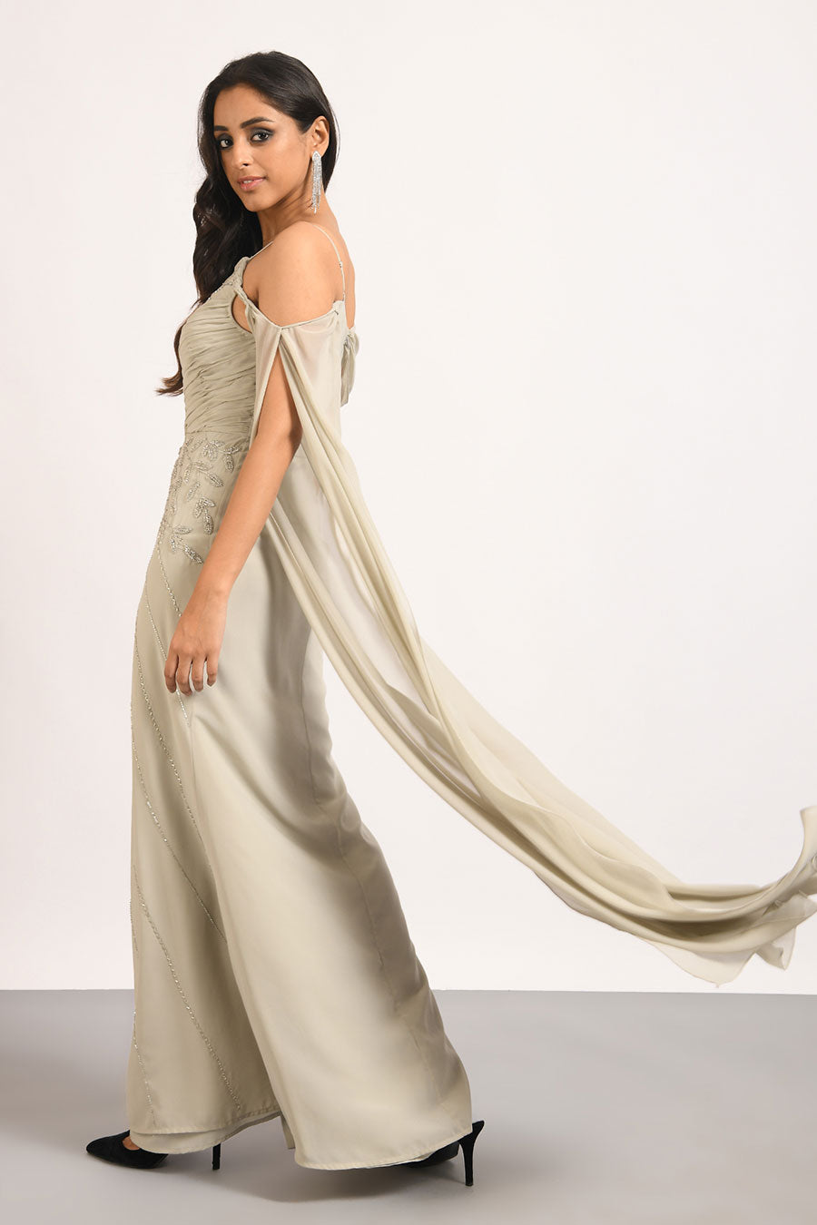 Grey One-Shoulder Embellished Slit Gown