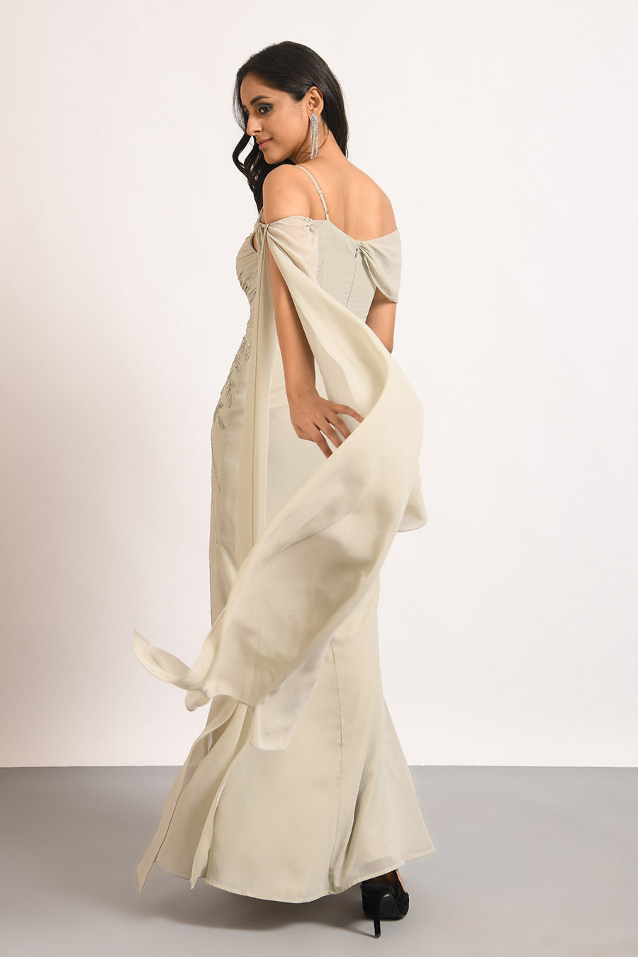 Grey One-Shoulder Embellished Slit Gown