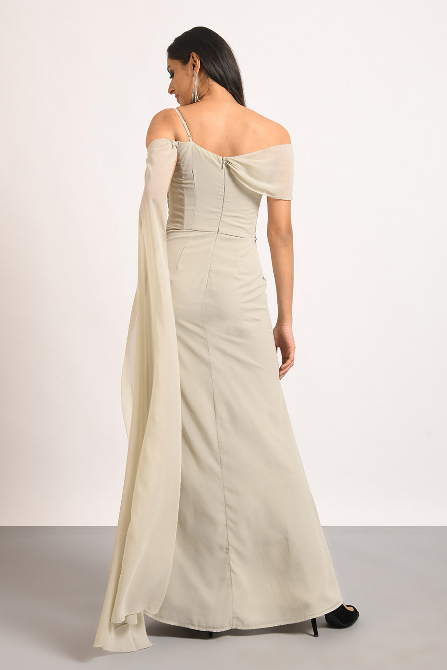 Grey One-Shoulder Embellished Slit Gown