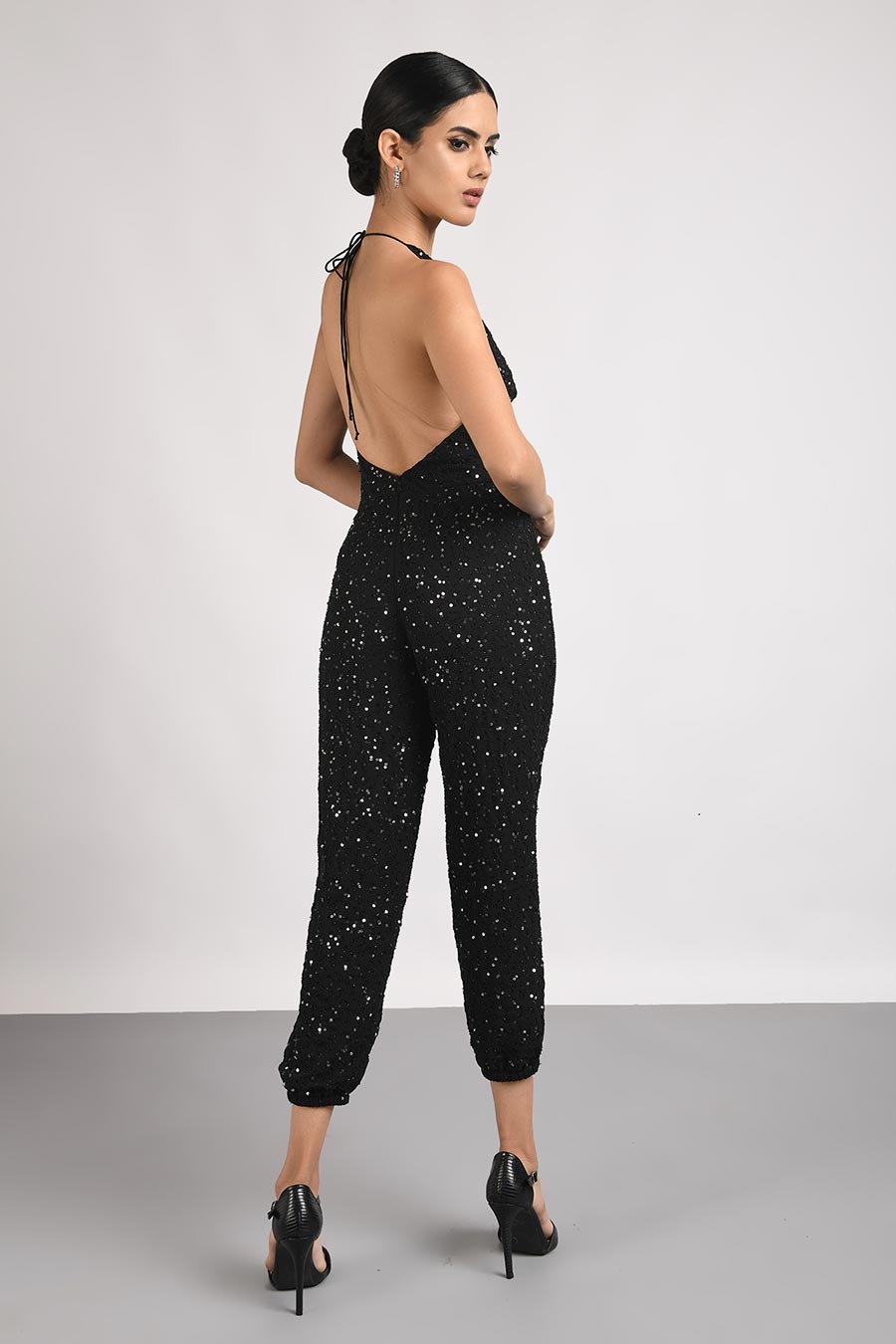 Black Sequined Body-Fitted Jumpsuit