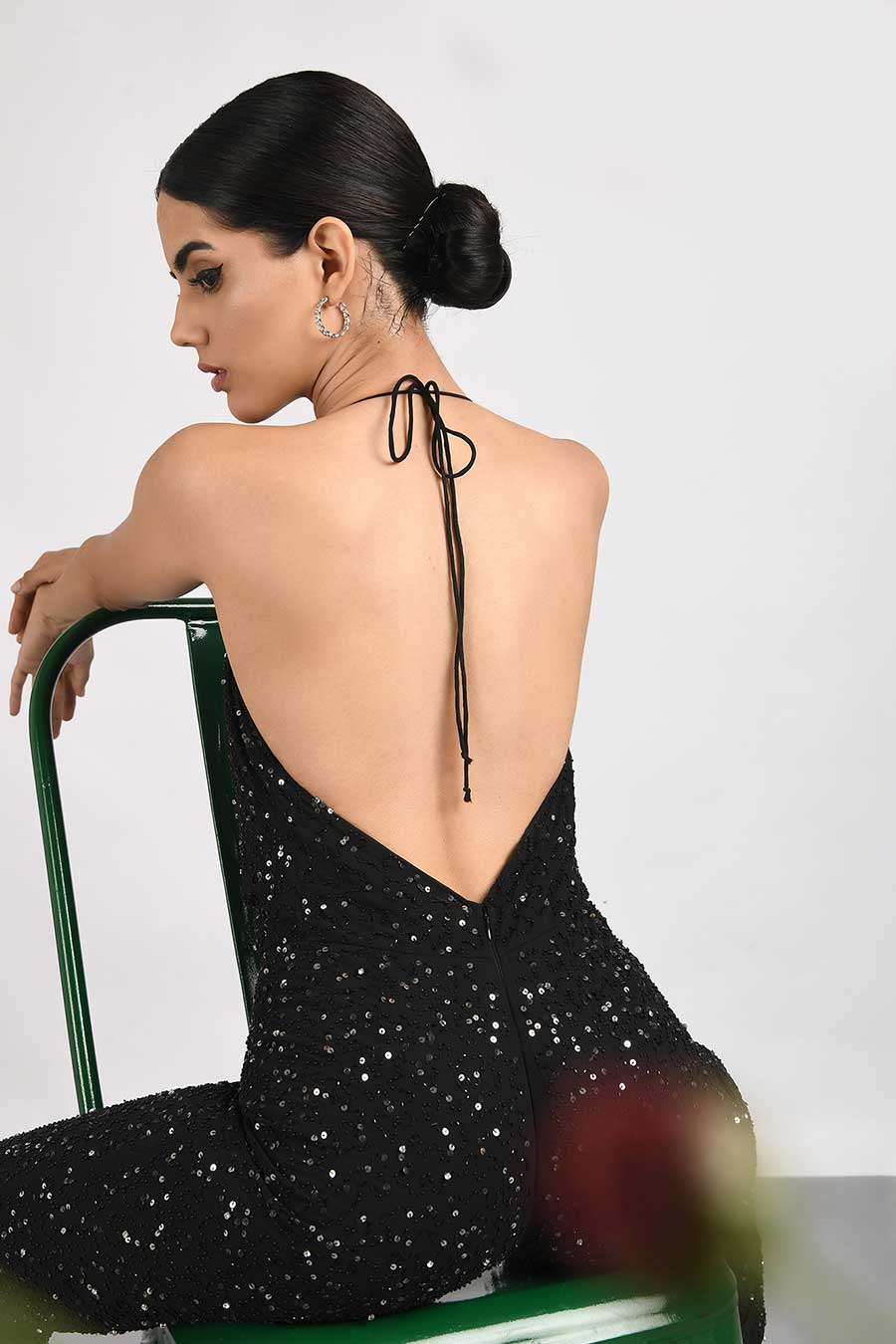 Black Sequined Body-Fitted Jumpsuit